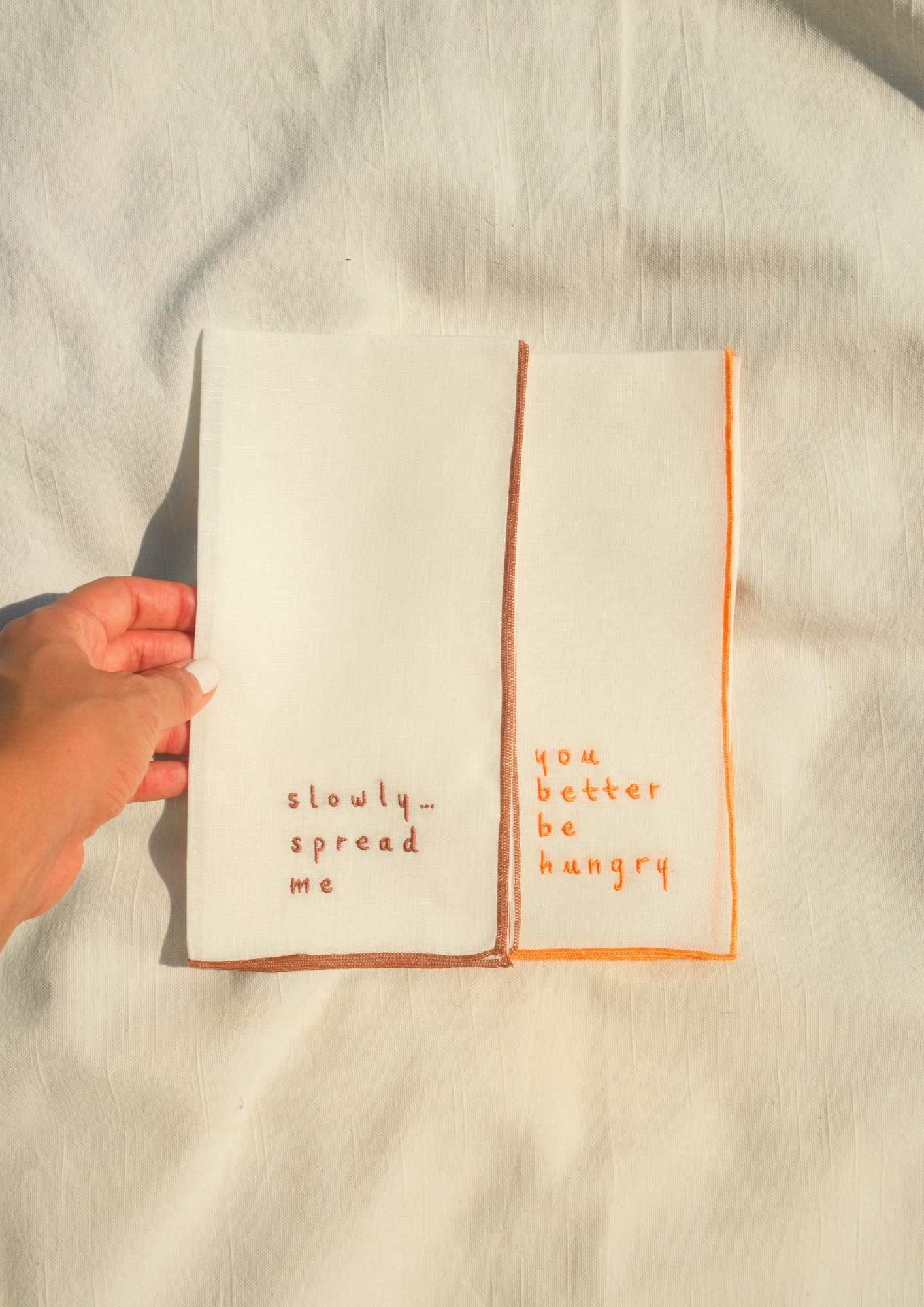 "The Cheeky Duo" —  Set of 2 — Embroidered Linen Napkins