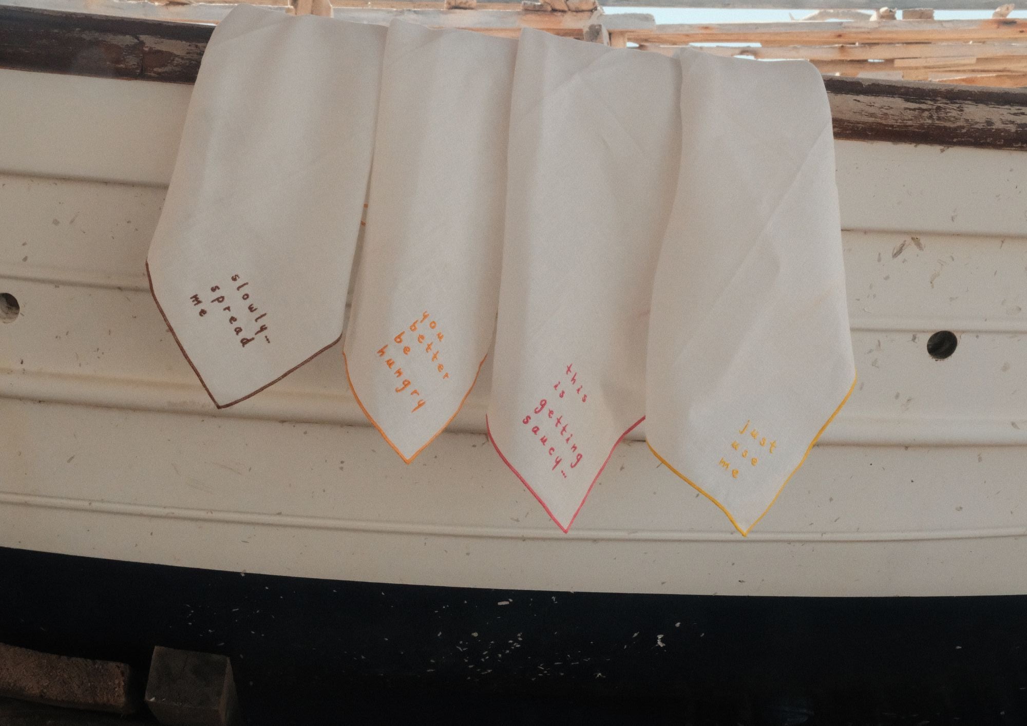 "The Dinner Party" —  Set of 4 — Embroidered Linen Napkins