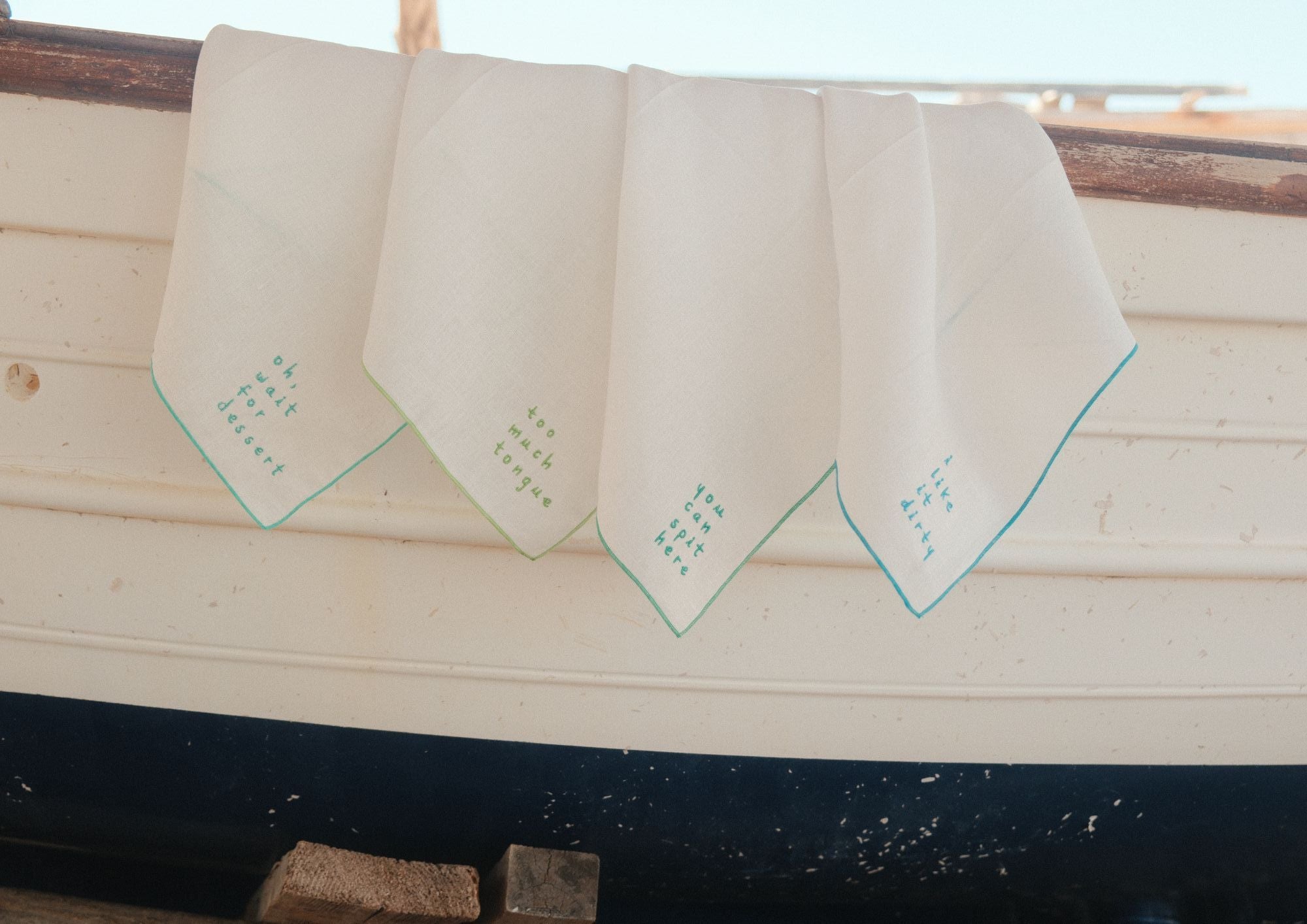 "The Dinner Party" —  Set of 4 — Embroidered Linen Napkins