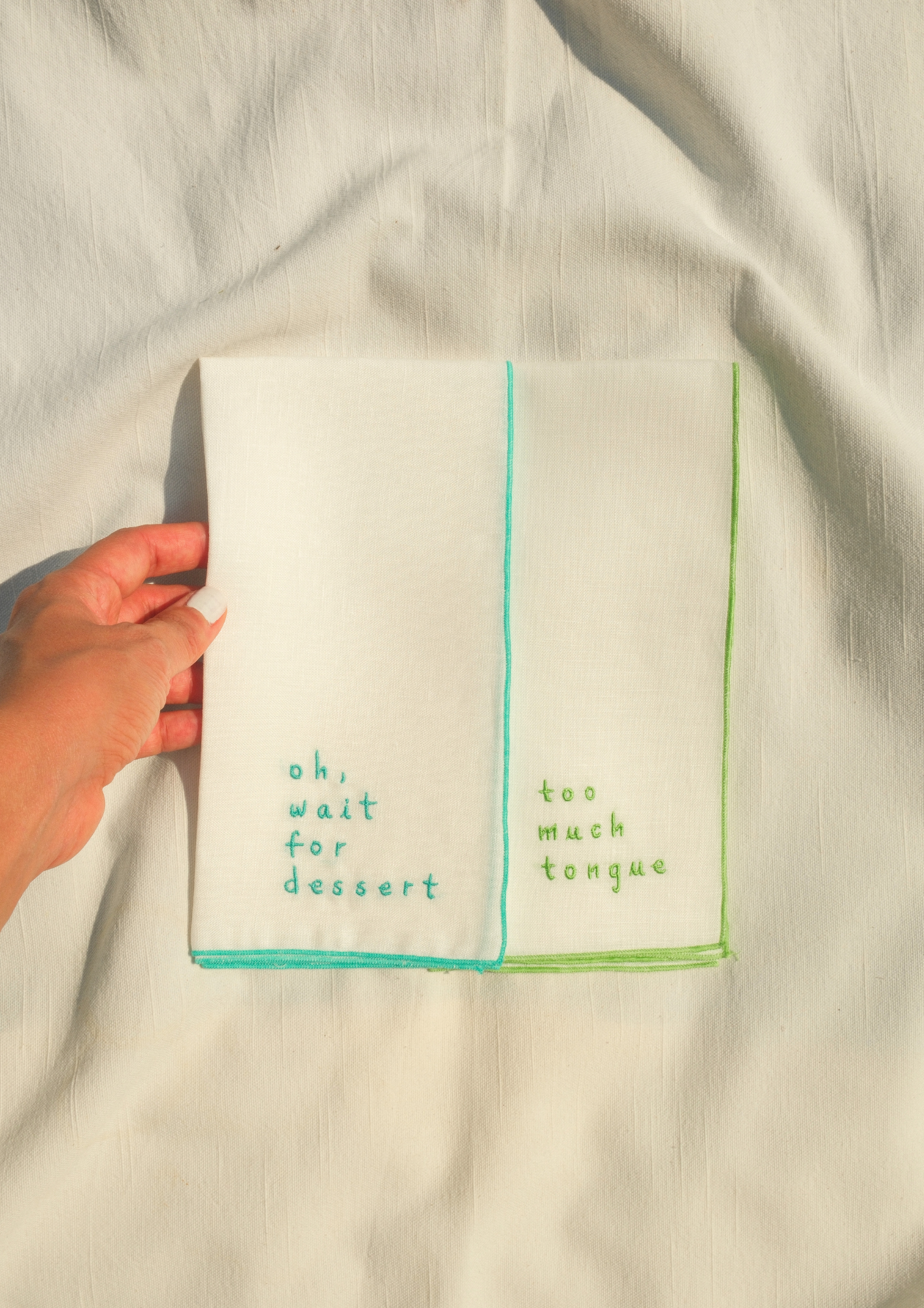 "The Cheeky Duo" —  Set of 2 — Embroidered Linen Napkins