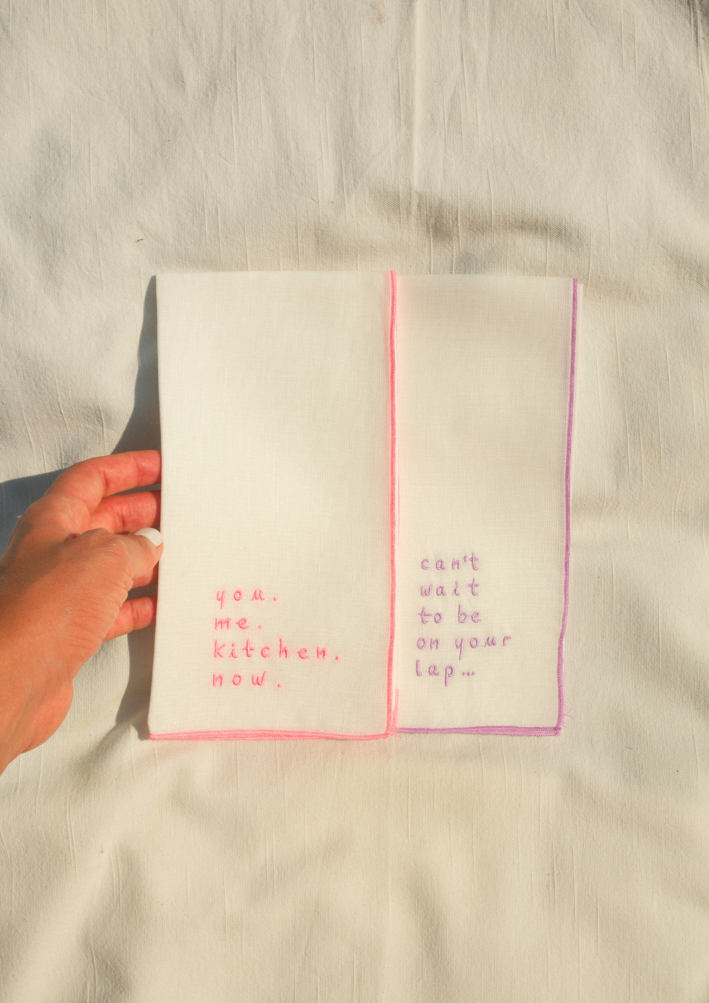 "The Cheeky Duo" —  Set of 2 — Embroidered Linen Napkins