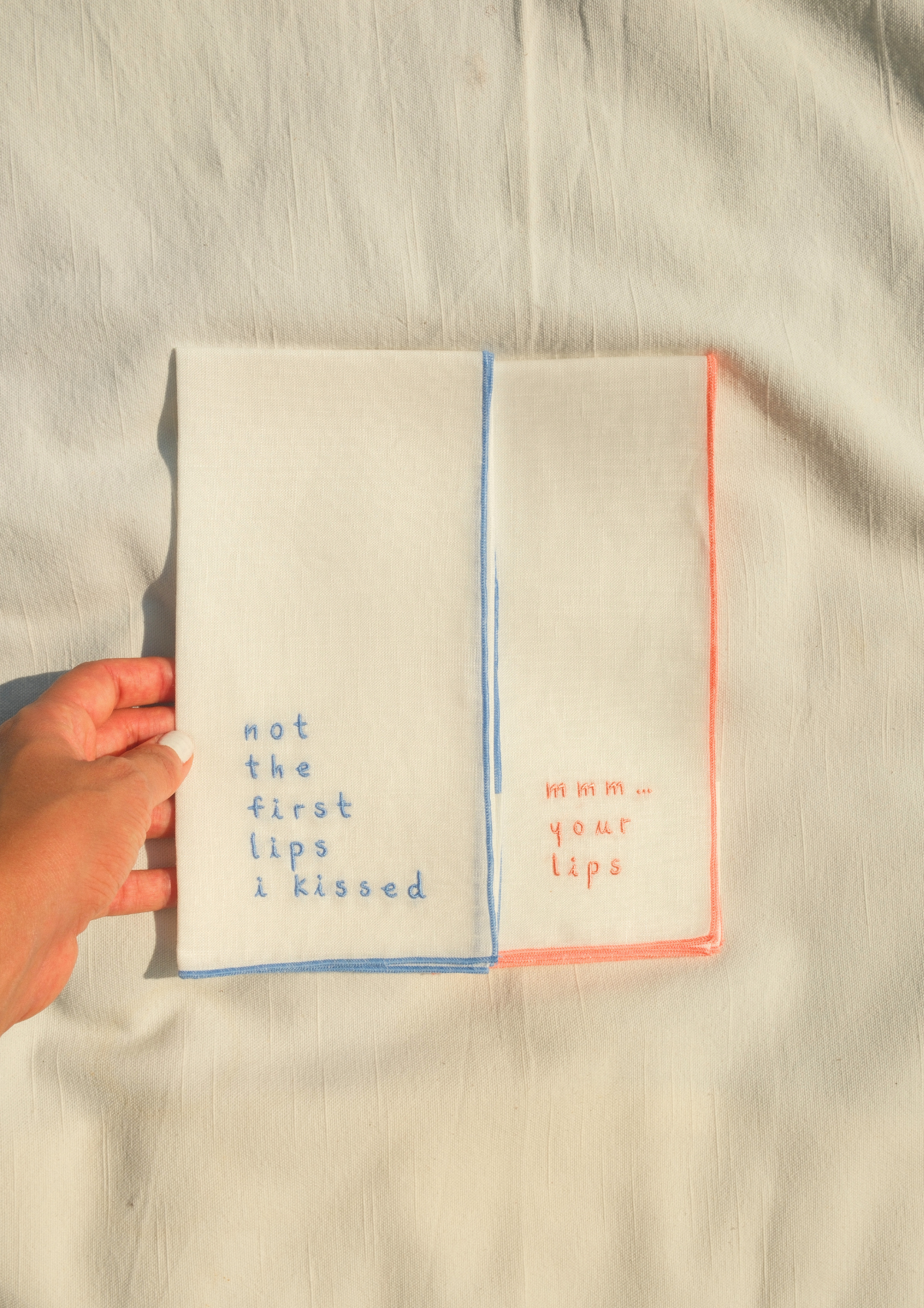 "The Cheeky Duo" —  Set of 2 — Embroidered Linen Napkins